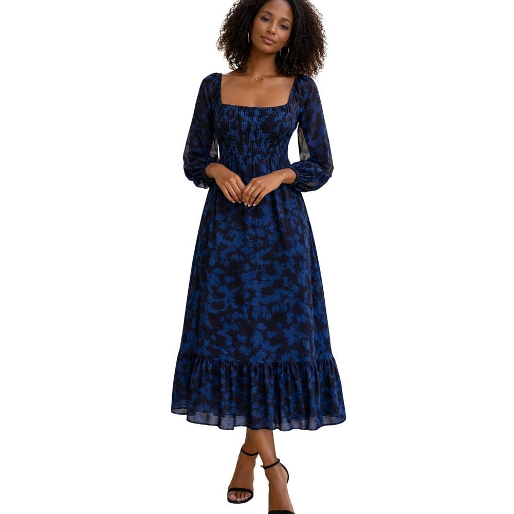 JUST TAYLOR | Dark Floral Maxi Dress Square Neck Balloon Sleeve Blue Black 16